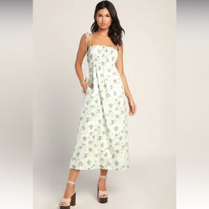 Best Bliss Green Floral Print Tie-Strap Midi Dress with Pockets